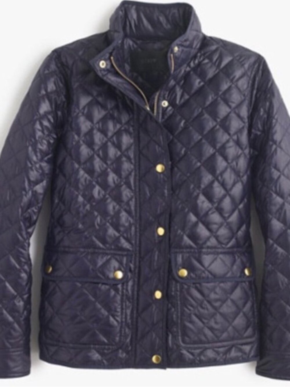 J. Crew Shiny Downtown Field Down Puffer Quilted Navy Jacket Gold Hardware Small